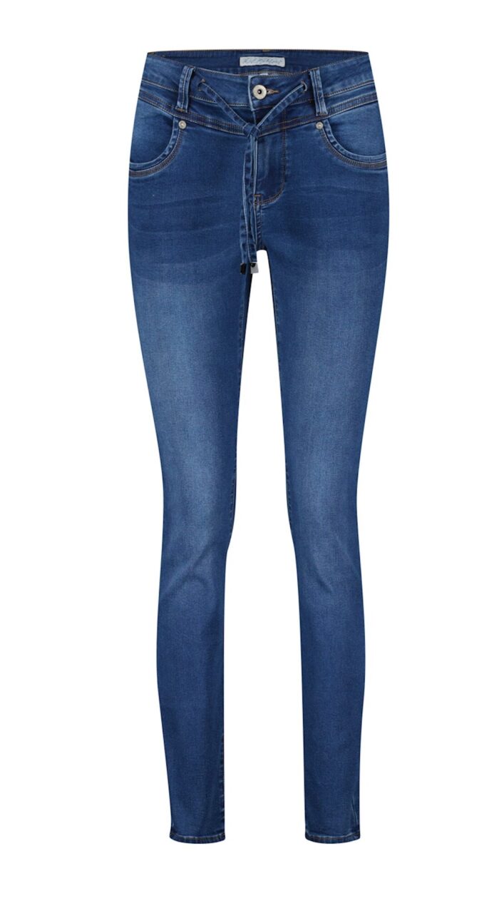 red button stretch jeans