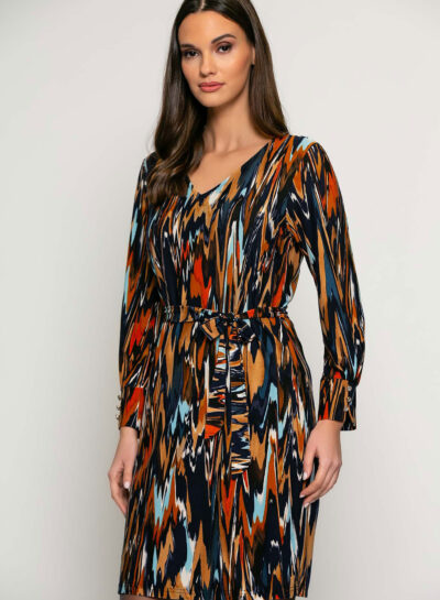 Kleedje met bronze-blauwe print en ceintuur