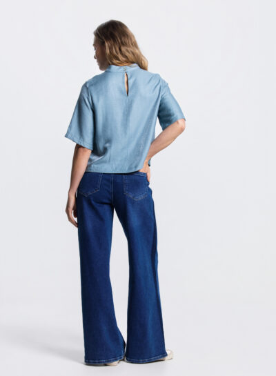 Odile glans top in aquamarijn