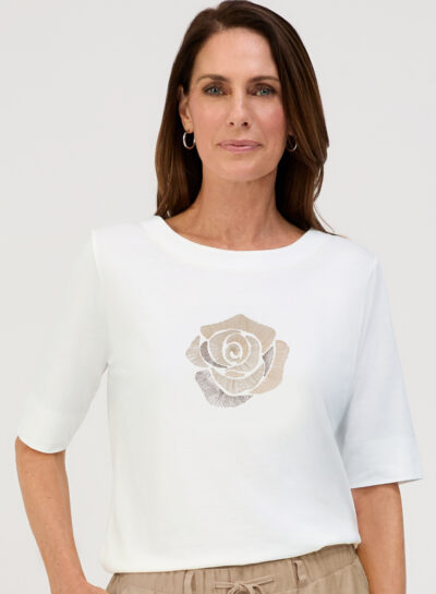 Ecru t-shirt met rozenprint bianca