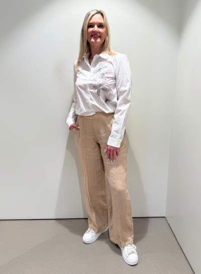 Brede linnen broek met elastische taille