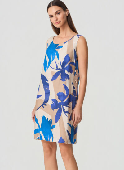 Beige jurk met blauwe bloemenprint