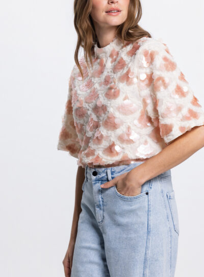 Pailletten top in wit en perzik
