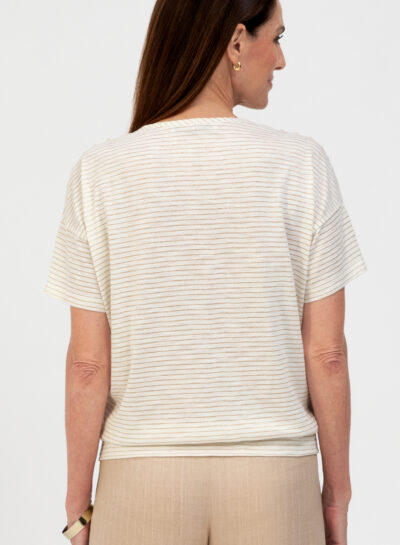 Ecru T-shirt met glitterstreepjes en bladerprint