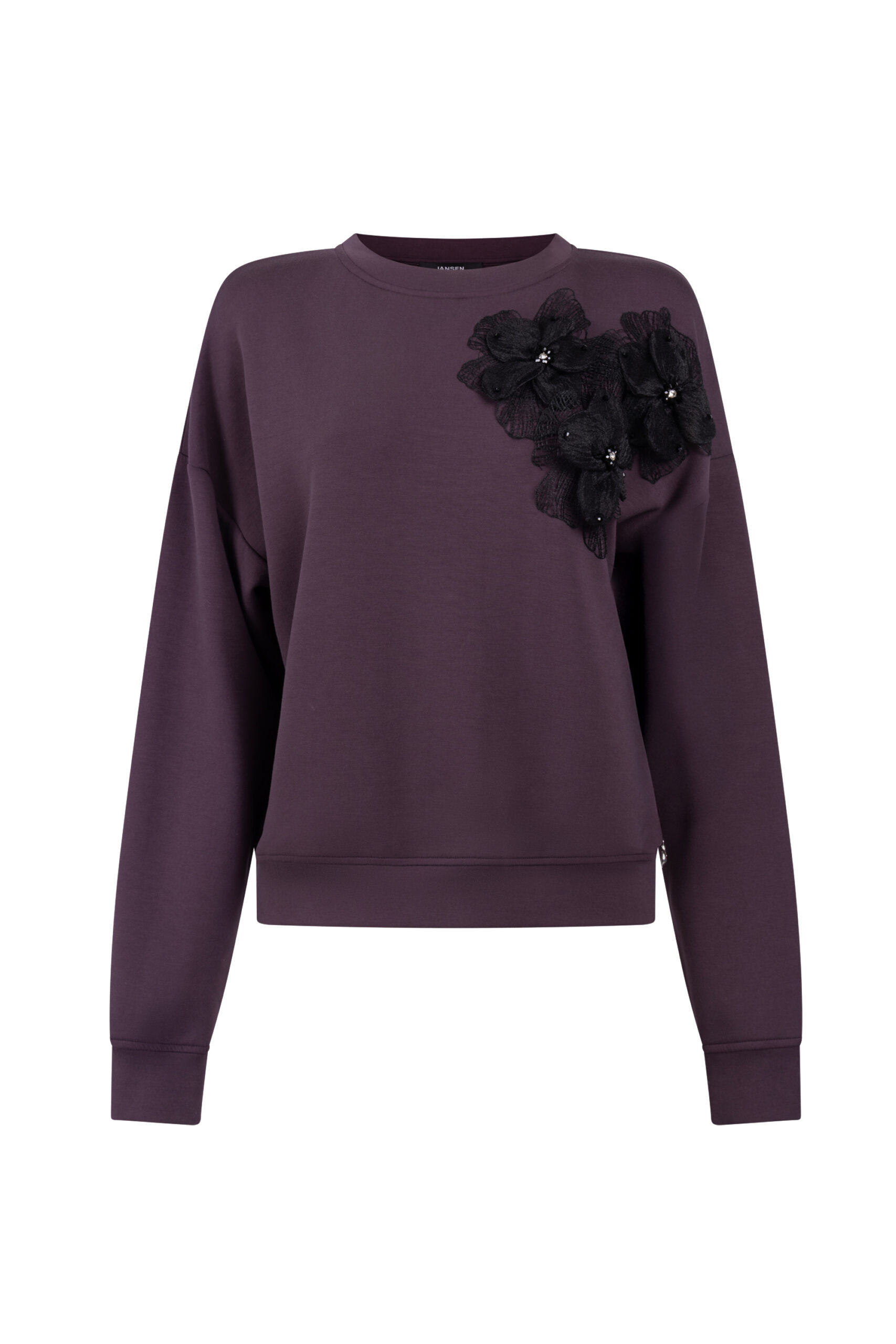 Paarse sweater met zwarte 3D bloemenapplicatie - Afbeelding 7